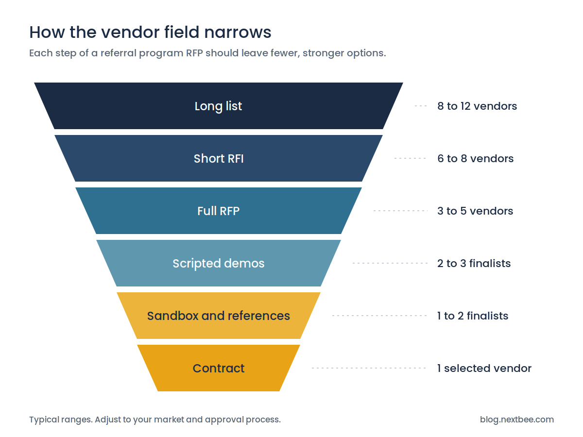 Funnel showing how a referral program RFP narrows vendors from a long list to one selected vendor